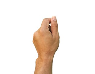 Wall Mural - Male hand making a gesture of holding a card or business card. Some types of documents ID card Or a passport, coin, or something. Isolated on a white background.