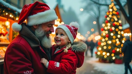 Wall Mural - Happy father and little daughter at the Christmas market