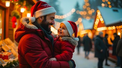 Wall Mural - A cute little girl with her father at the Christmas market in the evening city