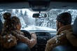 © Milos - Two friends enjoy a fun and snowy drive through a winter landscape, surrounded by trees. Laughter fills the air as they navigate the beautiful scenery together.
