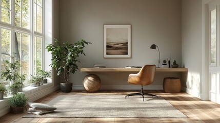 minimalist scandinavian interior with clean lines and muted tones sleek desk modern chair and simple wall art create serene uncluttered workspace bathed in soft natural light