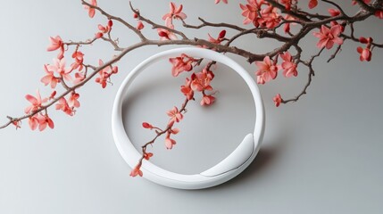 Aufkleber - A white circular object lies on a plain, light gray surface, with a branch of delicate, pink blossoms extending horizontally across the top of the image