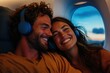 © Milos - A content couple listens to music with headphones during an airplane flight, enjoying the view and each other's company, symbolizing peace and togetherness.