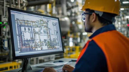 Poster - A worker monitors industrial design plans on a computer in a manufacturing facility during the day