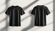 © Bijac - sleek black t-shirt suspended in white space. front and back views showcase clean lines and perfect symmetry. subtle fabric texture visible. minimalist product photography with sharp shadows.