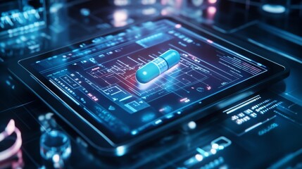 Poster - A blue pill rests on a tablet screen, which is displaying a digital interface. The pill is illuminated with a blue glow. The background is blurred and features blue and purple hues.