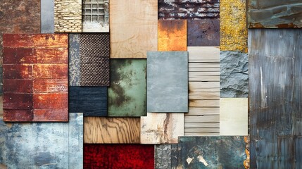 Poster - Eclectic mosaic of contrasting textures materials and intricate patterns set against a vibrant modern urban backdrop  This abstract expressionist inspired composition features an engaging mix of wood