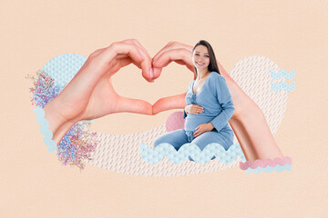 Sticker - Creative collage picture young woman awaiting maternity mother baby newborn child belly love bonding gesture hands drawing background