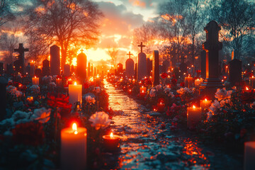 Sticker - A European cemetery at twilight, filled with the soft glow of candles and the scent of fresh flowers, as families remember their deceased.