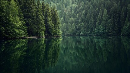 Poster - Serene and tranquil lakeside landscape with a mirror like surface perfectly reflecting the surrounding dense forest creating a sense of solitude peacefulness and contemplation