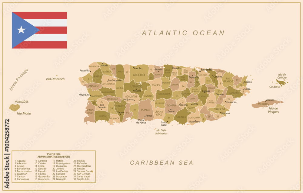 Color Coded Puerto Rico Map Puerto Rico - detailed map of the country in brown colors, divided into ...