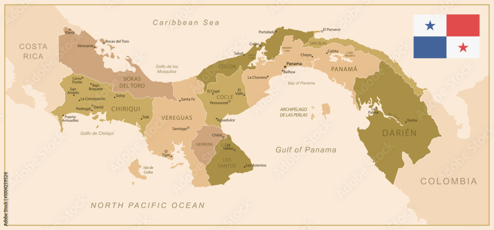 Panama - detailed map of the country in brown colors, divided into ...