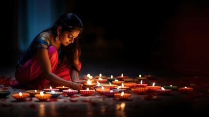 Canvas Print - close up shot of Indian woman hand lighting diyas on Rangoli decorations on floor in Diwali festival.