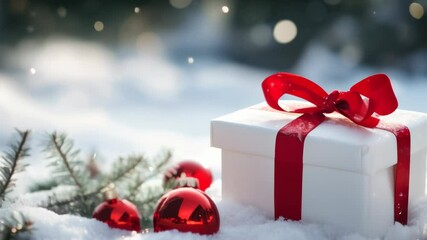 Poster - White gift box with a red ribbon is lying on the snow, surrounded by red christmas ornaments and fir branches, creating a festive atmosphere