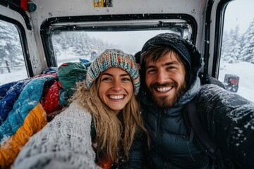 Wall Mural - A joyful couple enjoys a winter adventure, captured in a snow-covered vehicle, their bright smiles and warm clothing reflecting the cozy atmosphere inside.