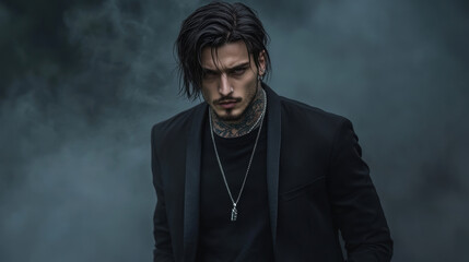 Cool and rebellious male model, black t-shirt and blazer, tattoos and jewelry, enveloped in a dark foggy setting