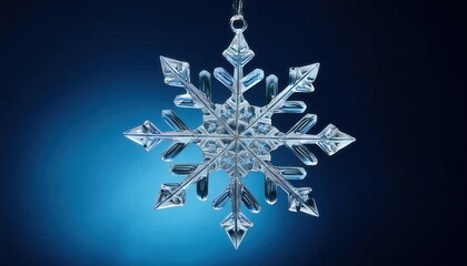 Poster - Intricate Crystal Snowflake on Gradient Blue Background with Sharp, Symmetrical Edges, Showcasing Geometric Beauty and Detailed Ice Formation, Capturing the Essence of Winter's Natural Elegance
