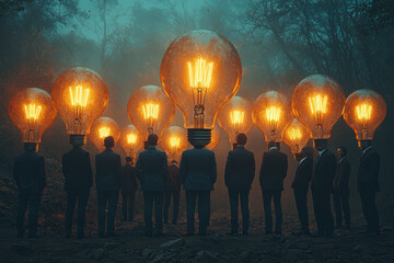 Poster - A team of executives trying to brainstorm ideas with giant lightbulbs hovering over their heads, none of which light up.