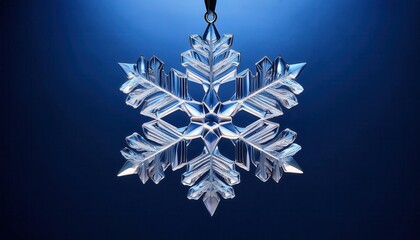 Poster - Intricate Crystal Snowflake on Gradient Blue Background with Sharp, Symmetrical Edges, Showcasing Geometric Beauty and Detailed Ice Formation, Capturing the Essence of Winter's Natural Elegance