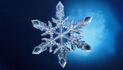 Poster - Intricate Crystal Snowflake on Gradient Blue Background with Sharp, Symmetrical Edges, Showcasing Geometric Beauty and Detailed Ice Formation, Capturing the Essence of Winter's Natural Elegance