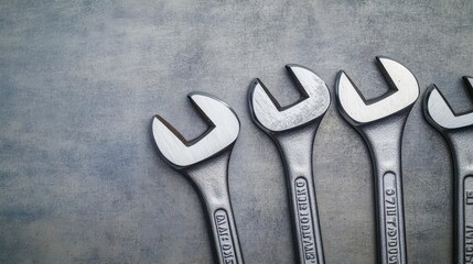 A close-up view of shiny metal wrenches arranged on a textured surface, showcasing tools for repair and maintenance tasks.