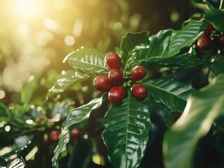 A close-up of coffee beans growing on a tree in the sun, highlighting their fresh and natural state.