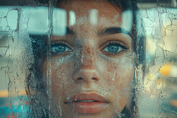 Poster - a sparkling, clean window reflects the face of a person staring out at a crumbling, graffiti-covered