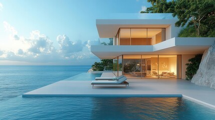 modern terrace with a breathtaking sea view featuring minimalist design elements and two stylish chaise lounges creating a perfect escape for relaxation against a tranquil backdrop