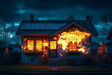 Poster - a small solar-powered house in a quiet neighborhood, with a large world map projected on the night s