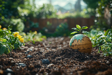 Poster - a small compost bin in a backyard, with a faint globe image in the sky, symbolizing local waste redu