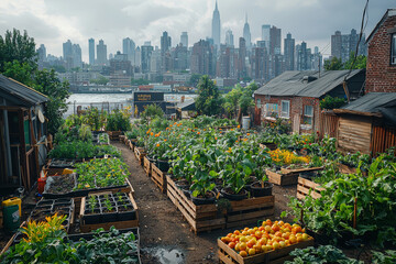 Wall Mural - a small community garden thriving in the shadow of a sprawling urban skyline, representing sustainab