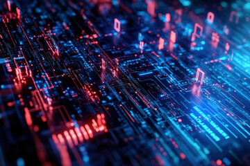 Poster - Red and blue digital circuits glow at night, showcasing the spirit of advanced tech and innovation. GenerativeAI