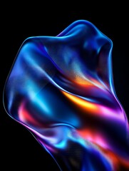 Abstract colorful swirling fabric with dynamic light reflections on a dark background. A minimalist poster in metallic and chrome gradient style.