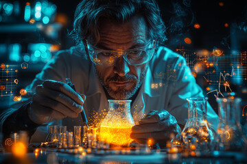 Poster - a scientist surrounded by beakers and test tubes, holding a bubbling potion that's comically overflo