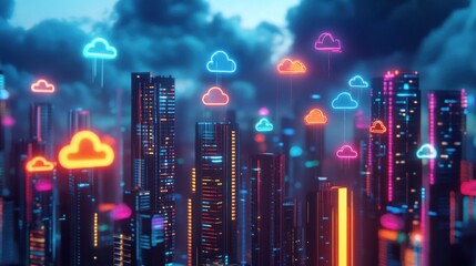 Poster - Futuristic cityscape with neon clouds and vibrant skyscrapers.