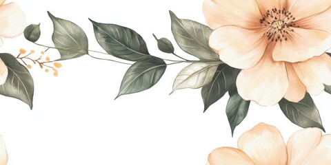 Wall Mural - Floral design featuring soft peach flowers and green leaves on a white background.