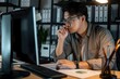 © Road Red Runner - Businessman in casual attire working late at night on a computer in a modern office setting with documents and charts around