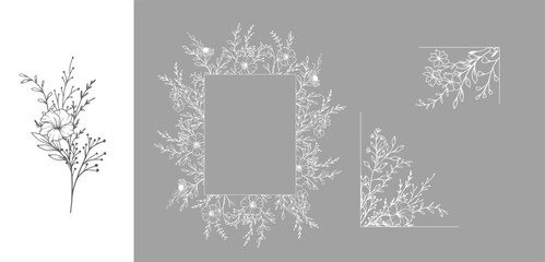 Wall Mural - Trendy floral frames with wildflowers and leaves line art. Botanical Line Art Collection of wildflowers. Luxury Line Floral Art. Perfect for Elegant wedding invitations, trendy minimalist cards