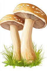 Colorful illustration of two mushrooms growing on grass with green stems and brown caps. A great depiction for nature, forestry, or food themes.