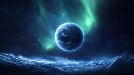 ethereal view of earth with auroras in a cosmic landscape
