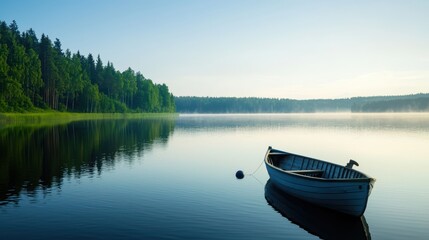  Serene morning on a tranquil lake with a lone boat