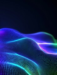 Poster - abstract colorful wave pattern with glowing dots in a dark background, ideal for tech and design con