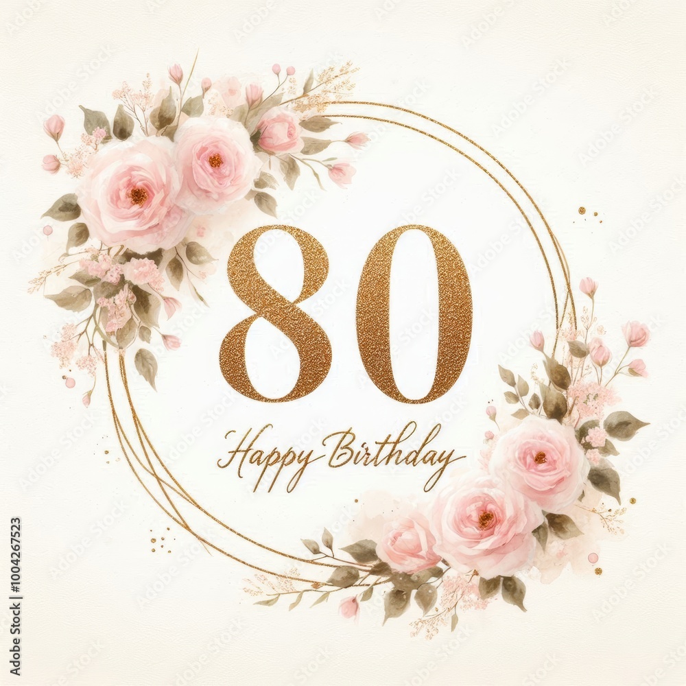 Elegant 80th birthday card design with floral accents and golden text ...