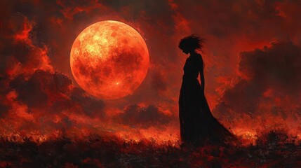 Wall Mural - mysterious witch silhouetted against an enormous crimson moon draped in dark robes casting an enchanting glance with swirling clouds enhancing the eerie atmosphere