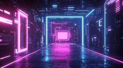 Aufkleber - A futuristic corridor illuminated by colorful neon lights, creating a high-tech and immersive digital environment.