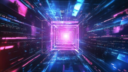 Aufkleber - A vibrant tunnel of light featuring blue and pink neon colors, creating a futuristic and digital atmosphere.
