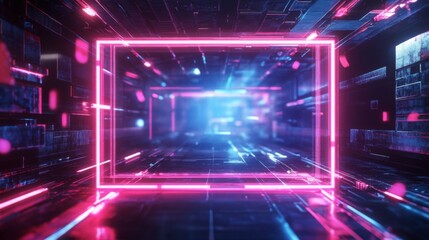 Fototapete - A futuristic digital corridor illuminated by vibrant pink and blue lights, suggesting advanced technology and a virtual environment.