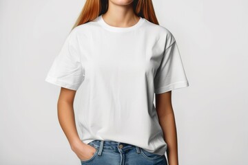 Canvas Print - A young woman in a white t shirt on a white background.