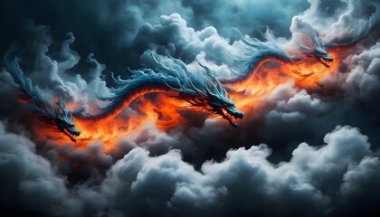 Wall Mural - Fierce dragon soaring through clouds, breathing flames against the vast sky