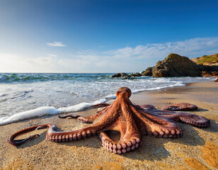 Wall Mural - Big octopus on the beach. Seascape with sea waves.